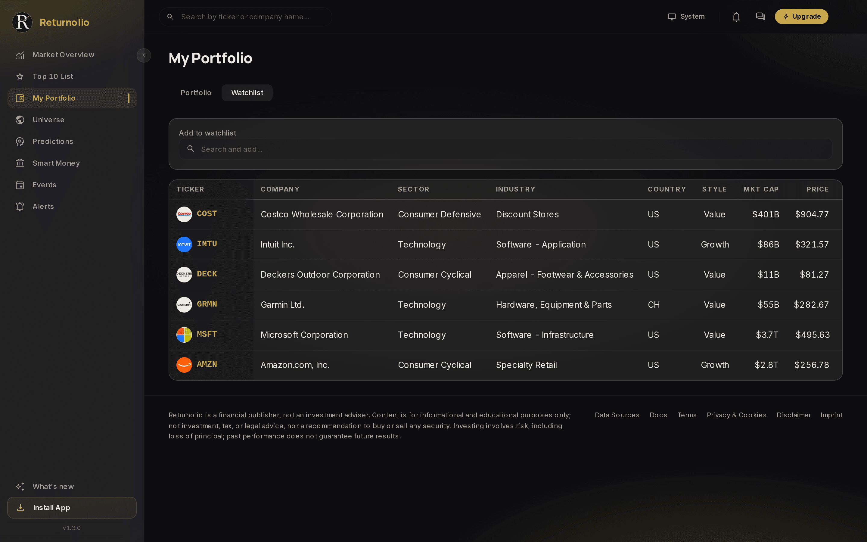 The Watchlist tab of My Portfolio. A search box sits above a table of six watched companies. Columns show ticker with company logo, company name, sector, industry, country, style, market cap and price.