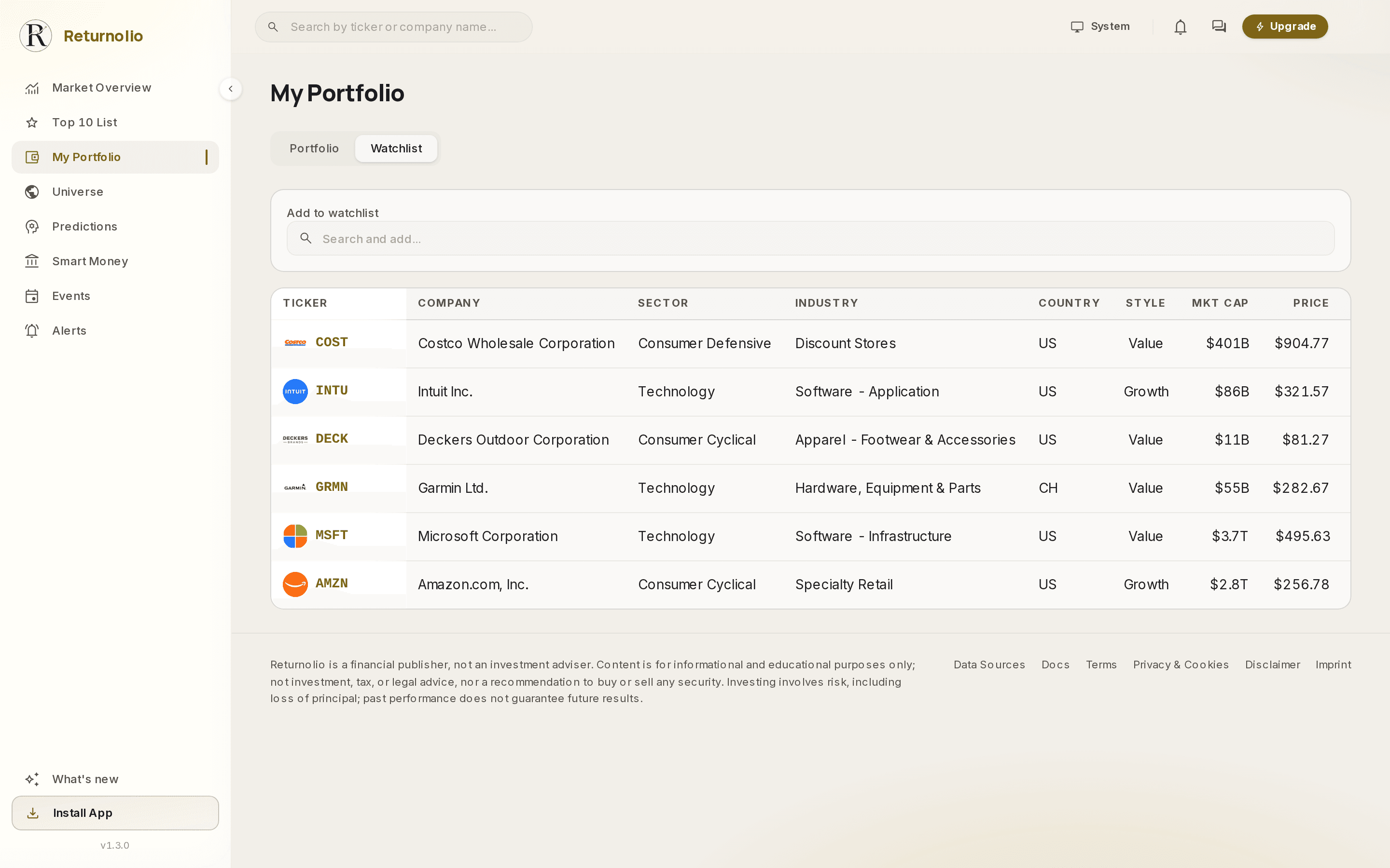 The Watchlist tab of My Portfolio. A search box sits above a table of six watched companies. Columns show ticker with company logo, company name, sector, industry, country, style, market cap and price.