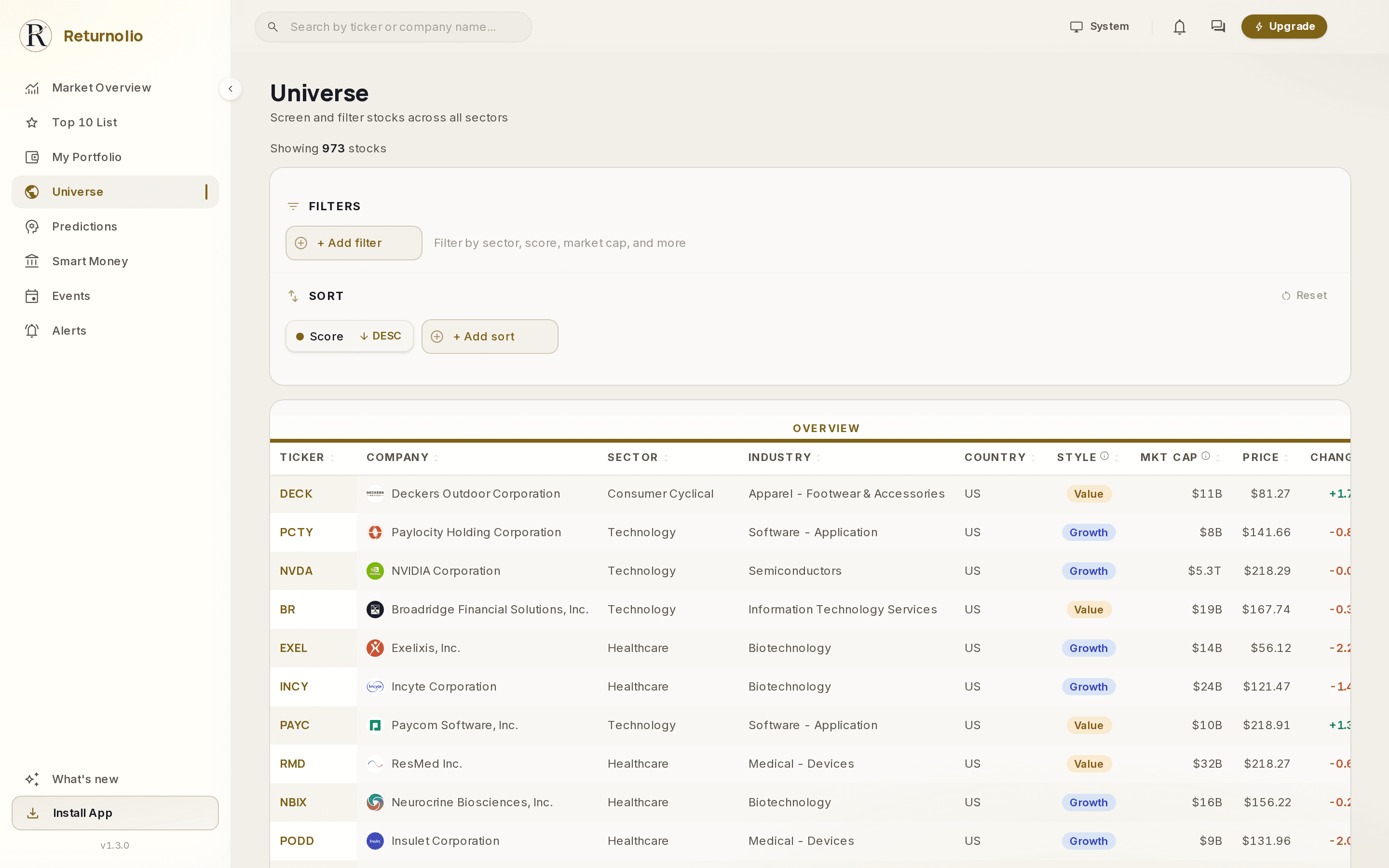 The Universe screen listing 973 stocks in a sortable table, with filter and sort controls above it. Columns show ticker, company, sector, industry, country, style, market cap, price and daily change.