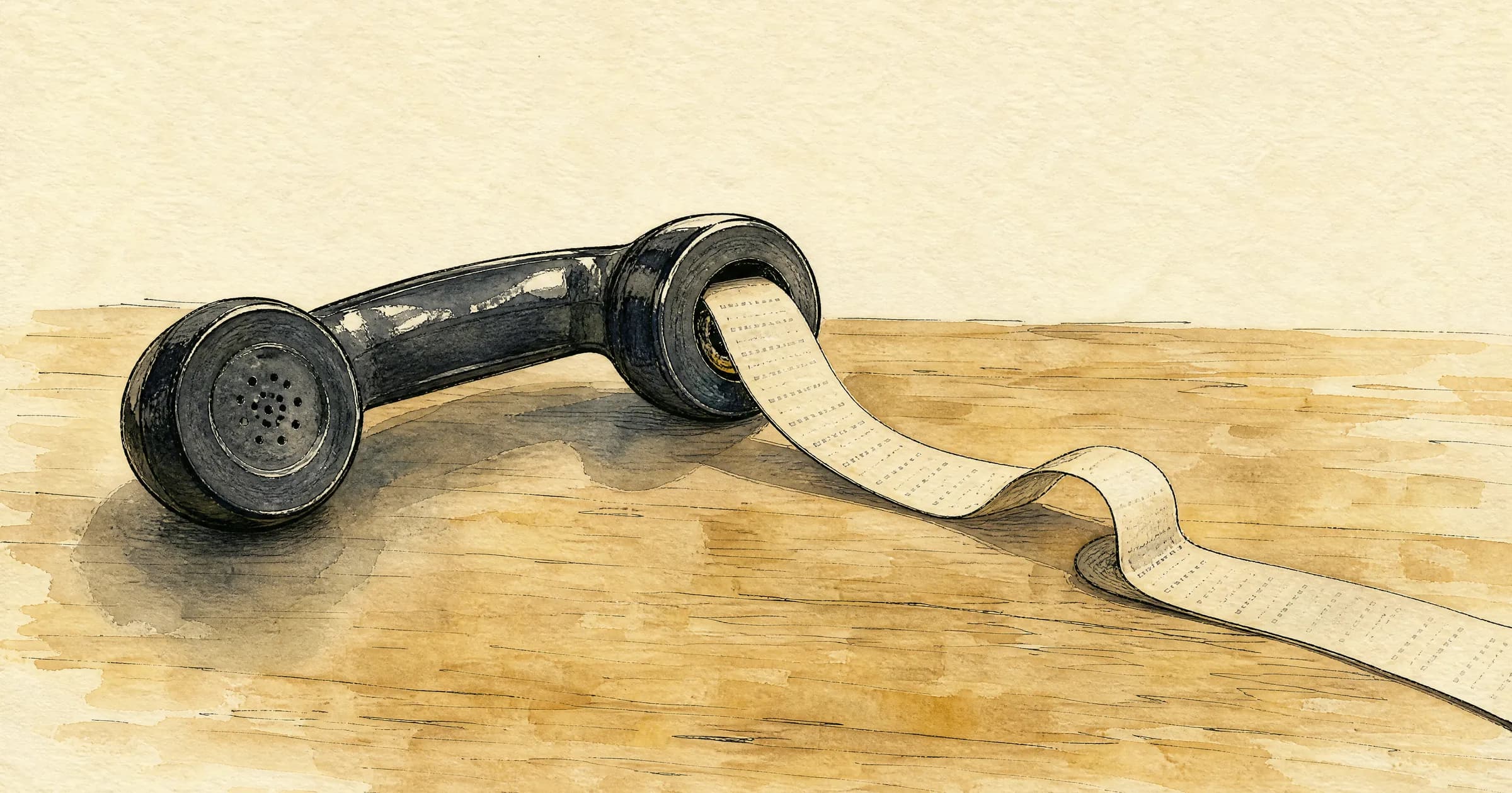 Illustration: an old black telephone handset lies on its side on a wooden table, and a long strip of paper tape unspools from its earpiece across the table and off the edge of the picture