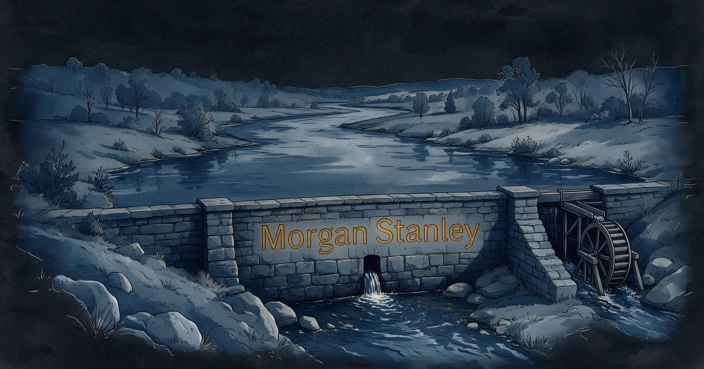 Illustration: a wide, slow river winds across cream paper into a calm reservoir held by an old stone dam, while on a narrow side stream a small wooden water wheel turns more slowly; the Morgan Stanley wordmark is carved into the dam's stone face in golden ochre