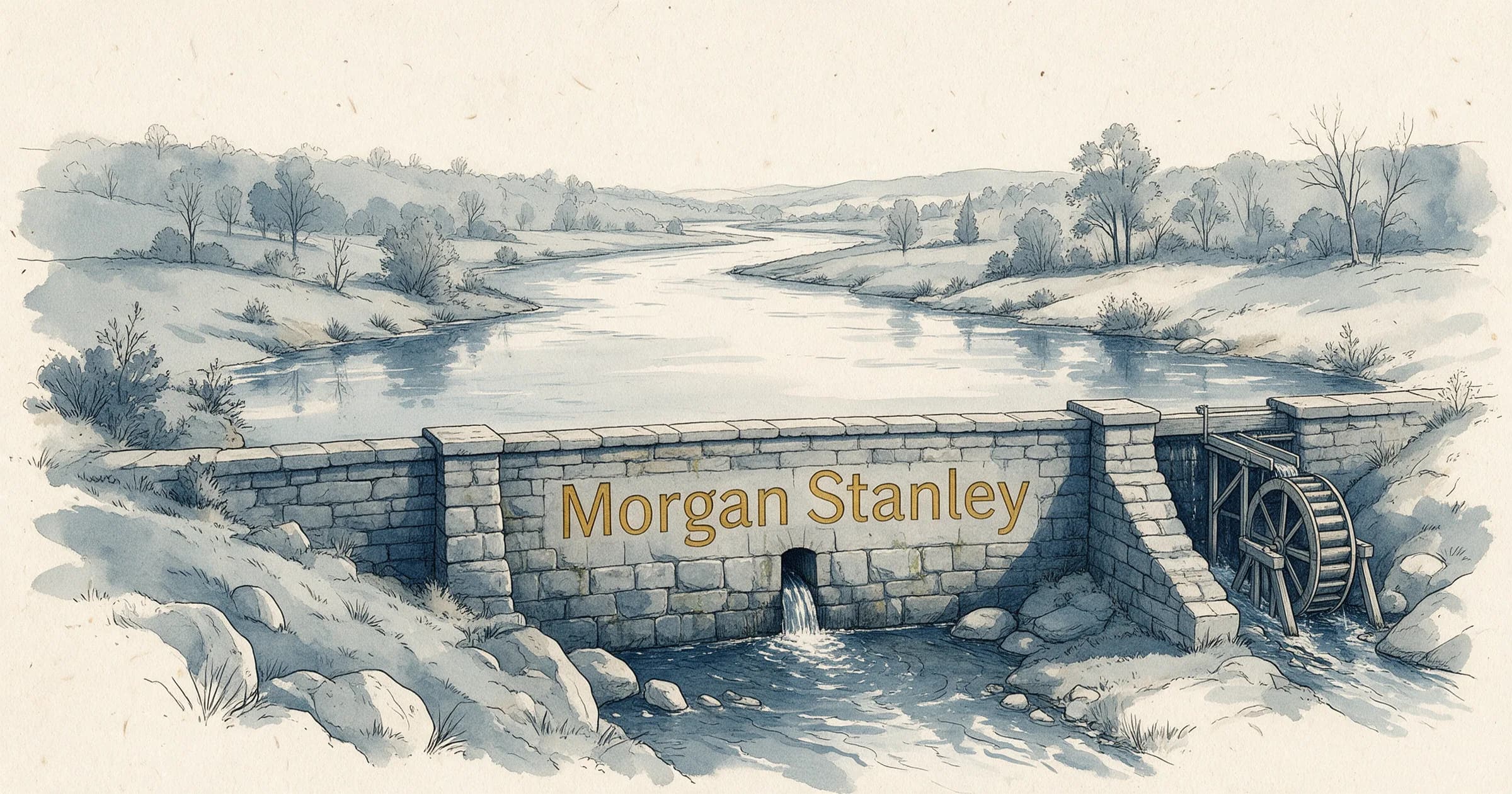 Illustration: a wide, slow river winds across cream paper into a calm reservoir held by an old stone dam, while on a narrow side stream a small wooden water wheel turns more slowly; the Morgan Stanley wordmark is carved into the dam's stone face in golden ochre