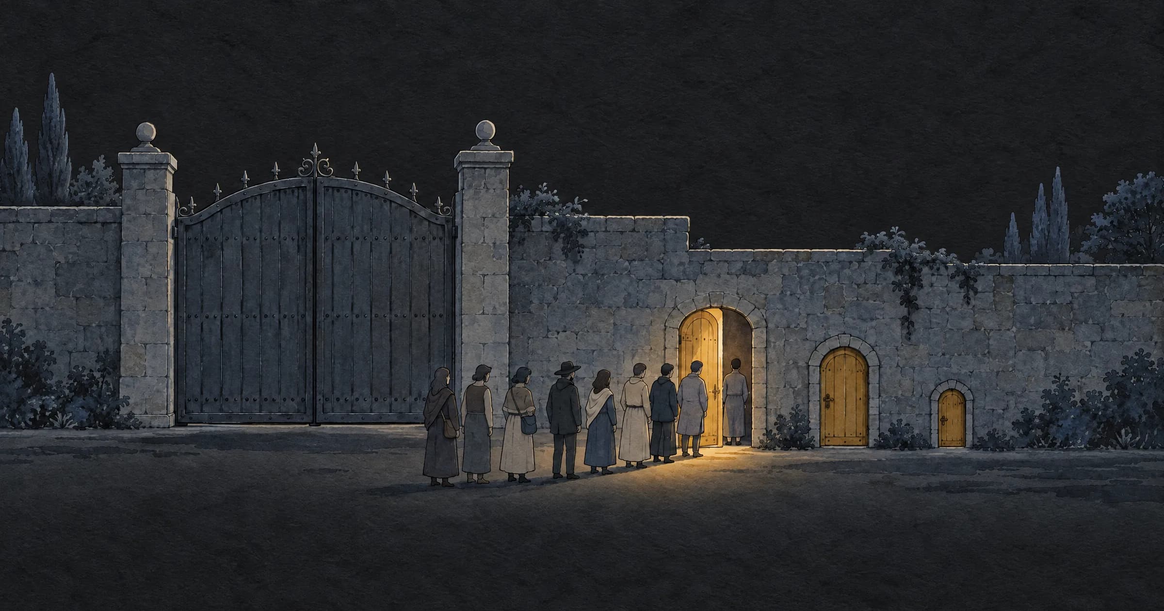 Illustration: a closed iron gate in a high stone wall, and beside it three small side doors of different sizes, one ajar, with a queue of people forming at the largest
