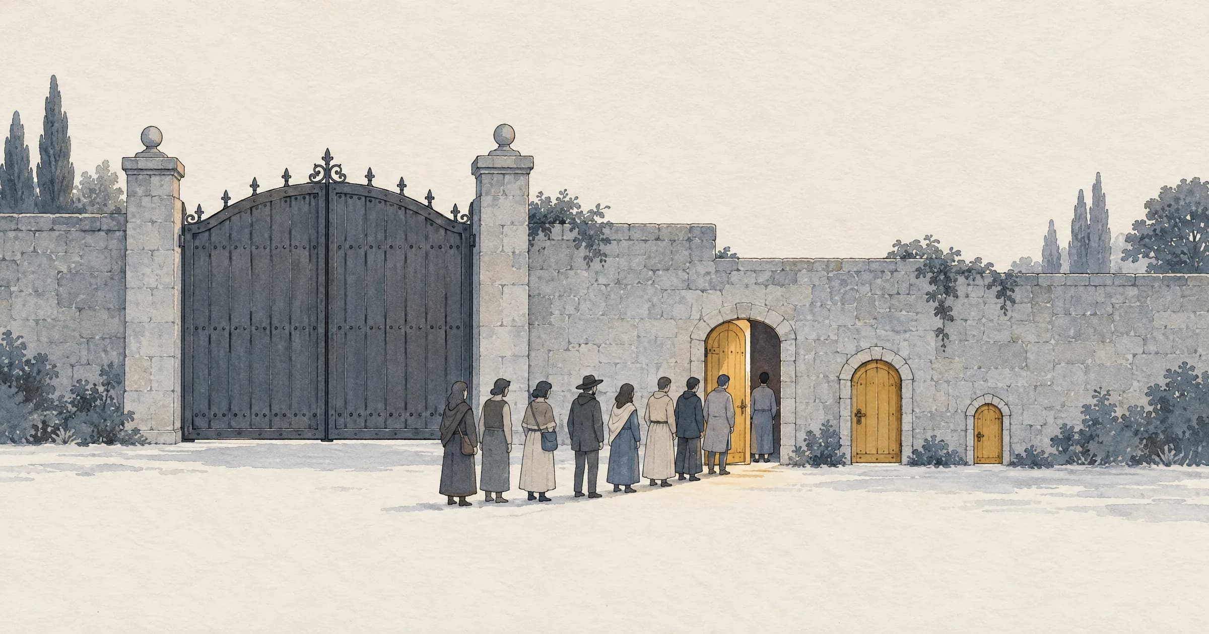 Illustration: a closed iron gate in a high stone wall, and beside it three small side doors of different sizes, one ajar, with a queue of people forming at the largest