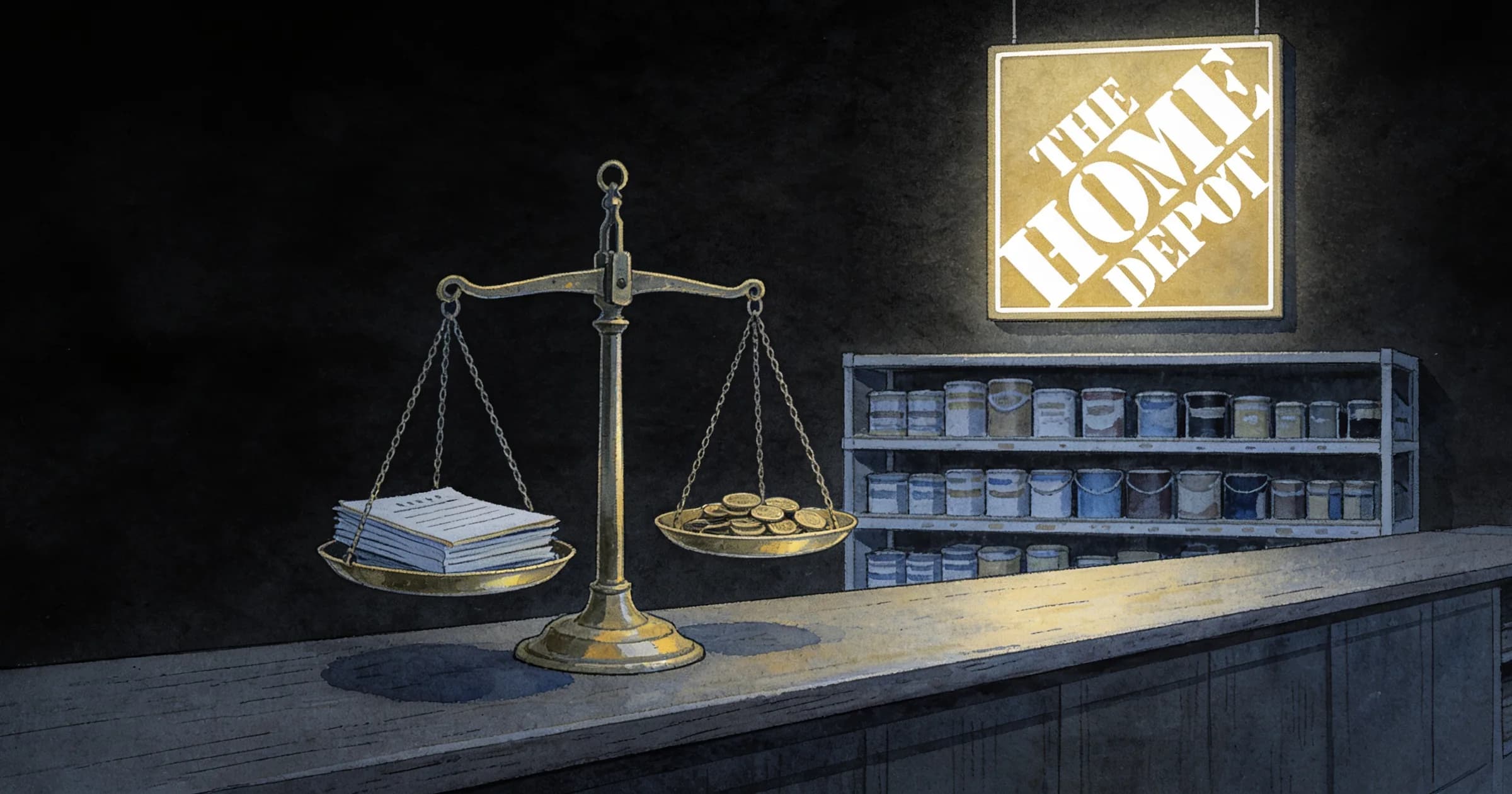 Illustration: a long wooden counter in a hardware store with an old brass balance scale on it, one pan holding a stack of ledgers, the other a small pile of coins, a shelf of paint tins behind and The Home Depot sign on the wall