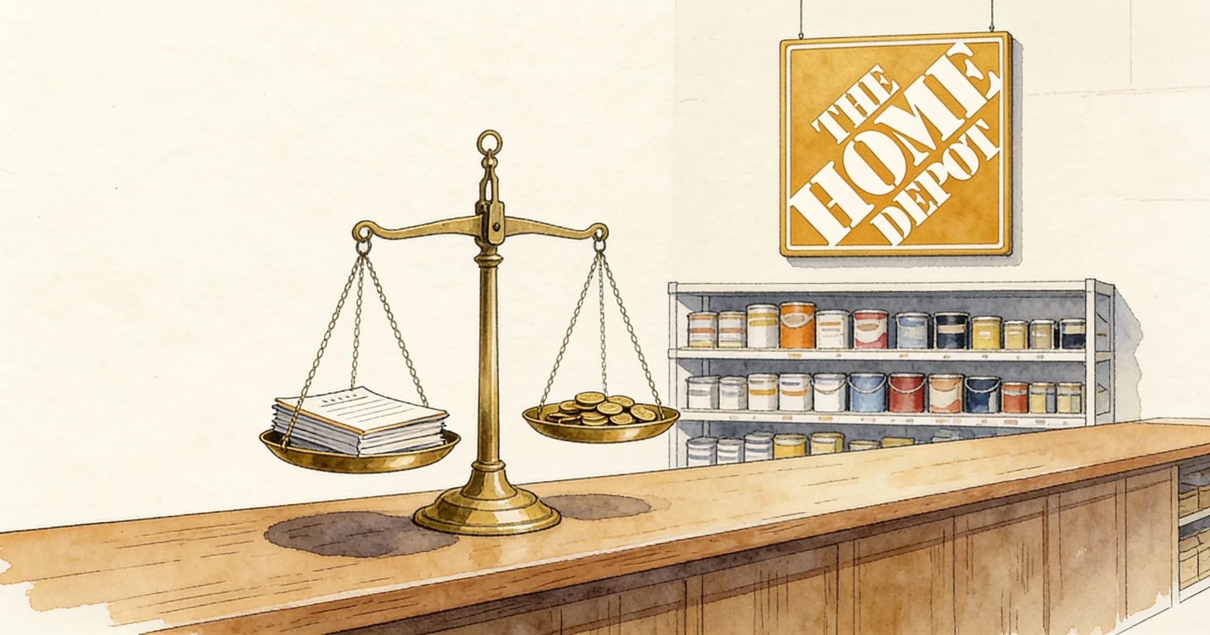 Illustration: a long wooden counter in a hardware store with an old brass balance scale on it, one pan holding a stack of ledgers, the other a small pile of coins, a shelf of paint tins behind and The Home Depot sign on the wall