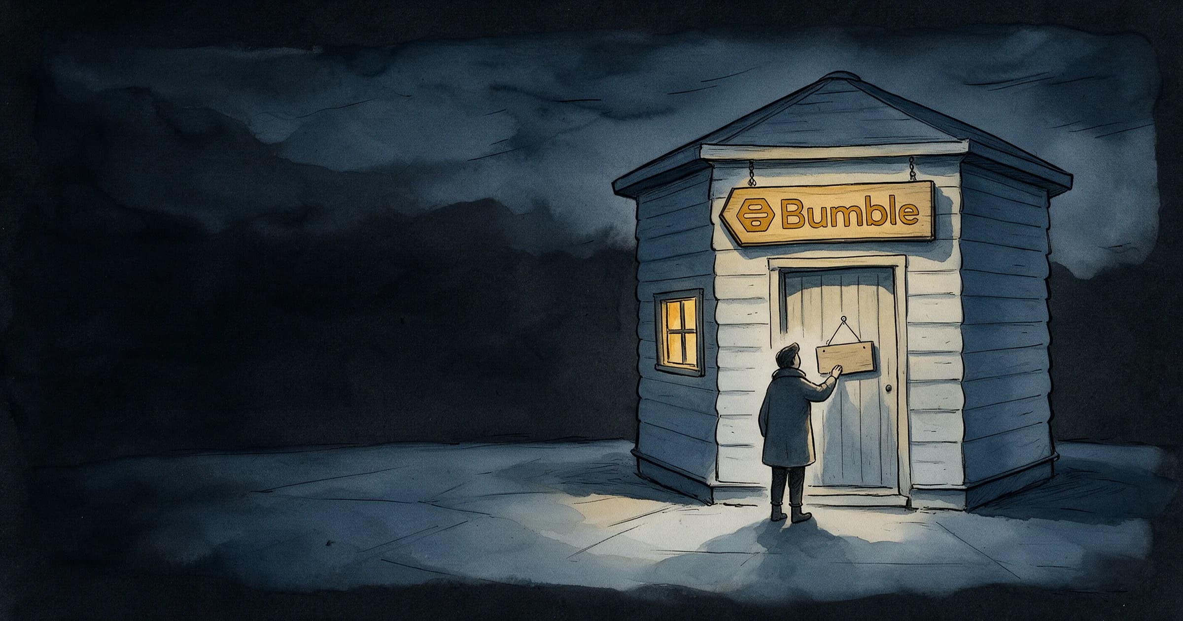 Illustration: a small beehive-shaped honey shop on a quiet street at dusk, a gloved hand turning the blank wooden sign on its door to closed, the Bumble logo painted in golden ochre above the door, warm light in one small window
