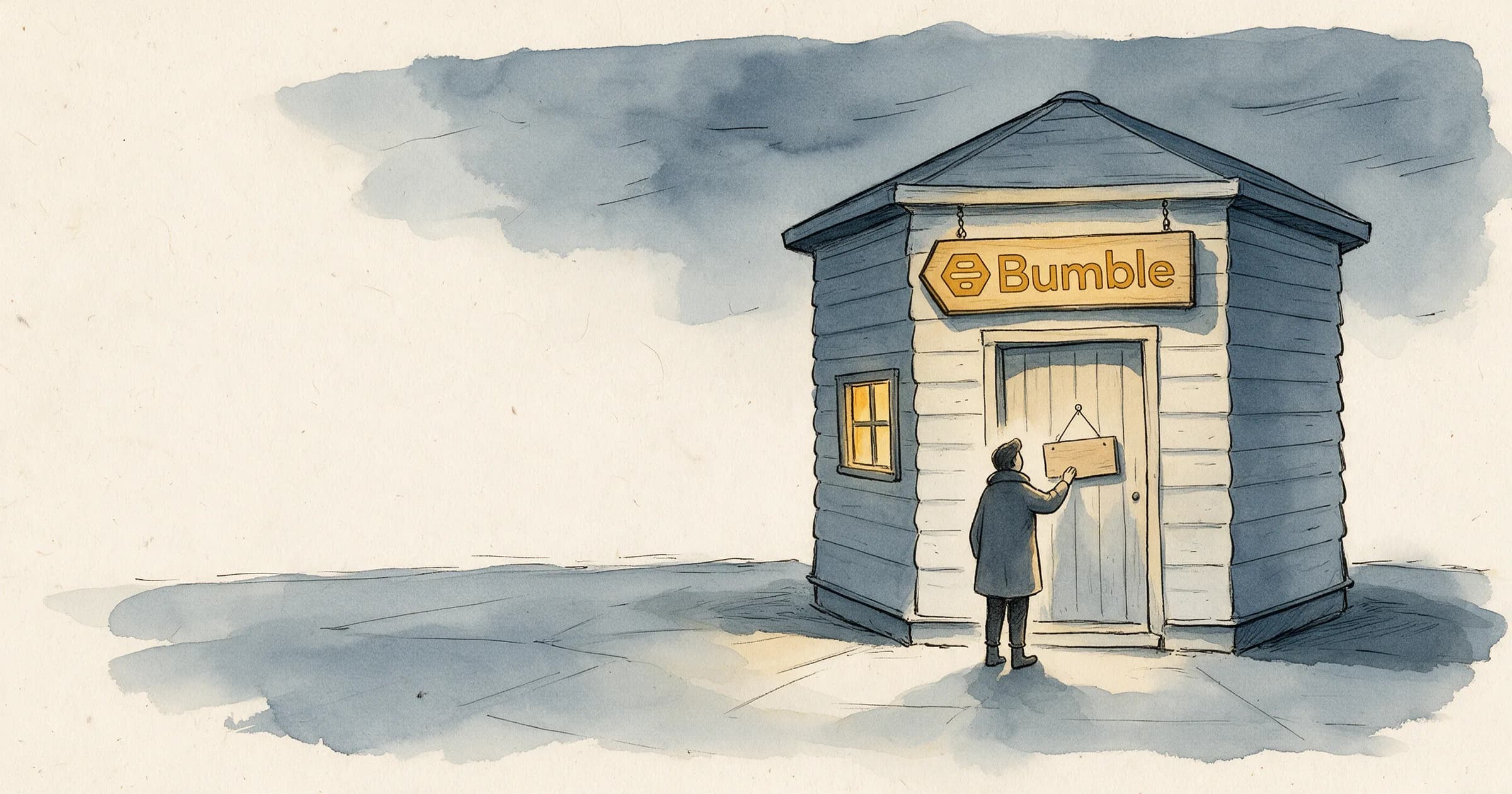 Illustration: a small beehive-shaped honey shop on a quiet street at dusk, a gloved hand turning the blank wooden sign on its door to closed, the Bumble logo painted in golden ochre above the door, warm light in one small window