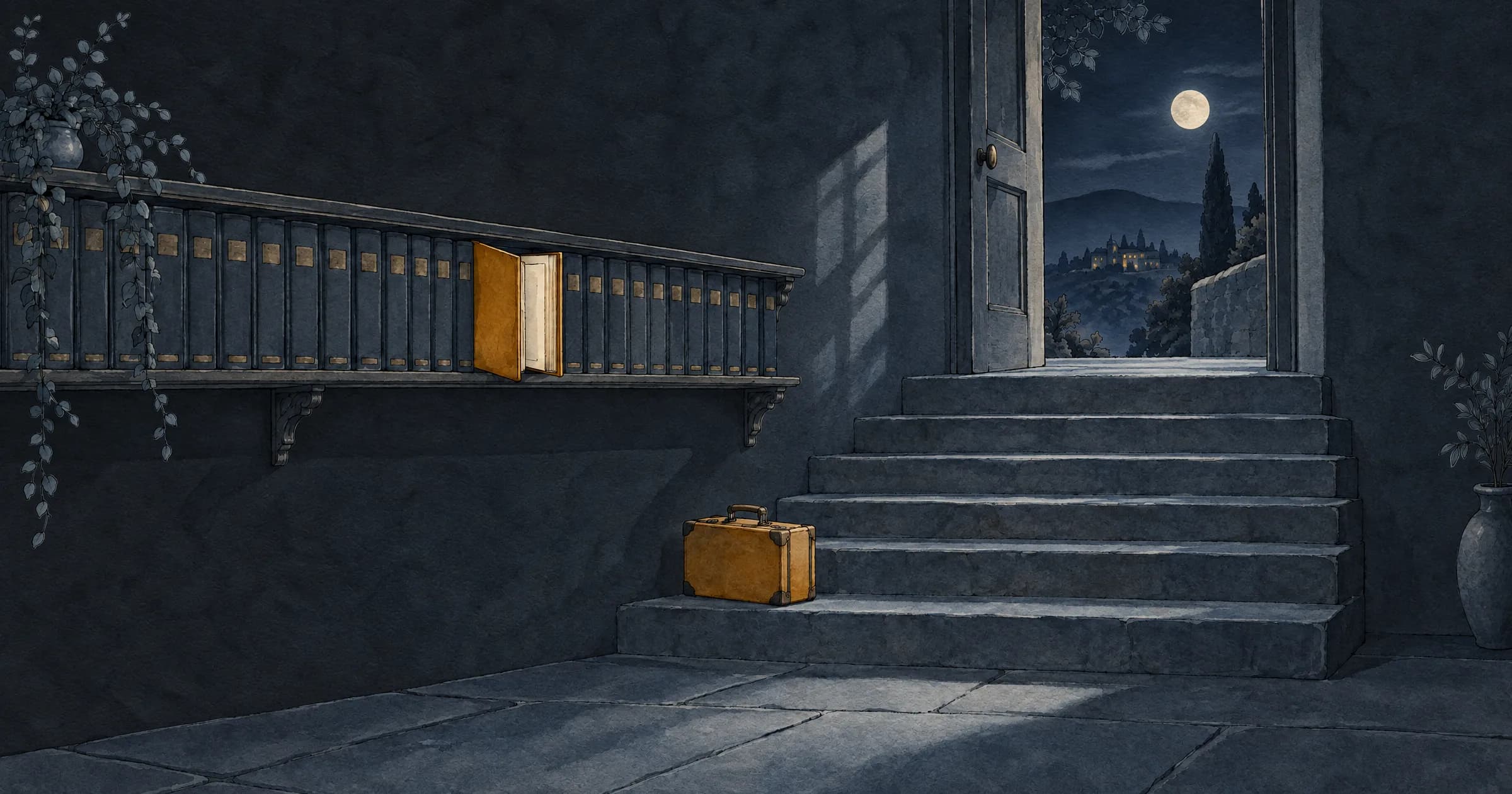 Illustration: a wide stone staircase of six low steps climbing to an open door, a small suitcase set down on the first step, and a long shelf of identical ledgers along the wall beside the stairs with one pulled out and open