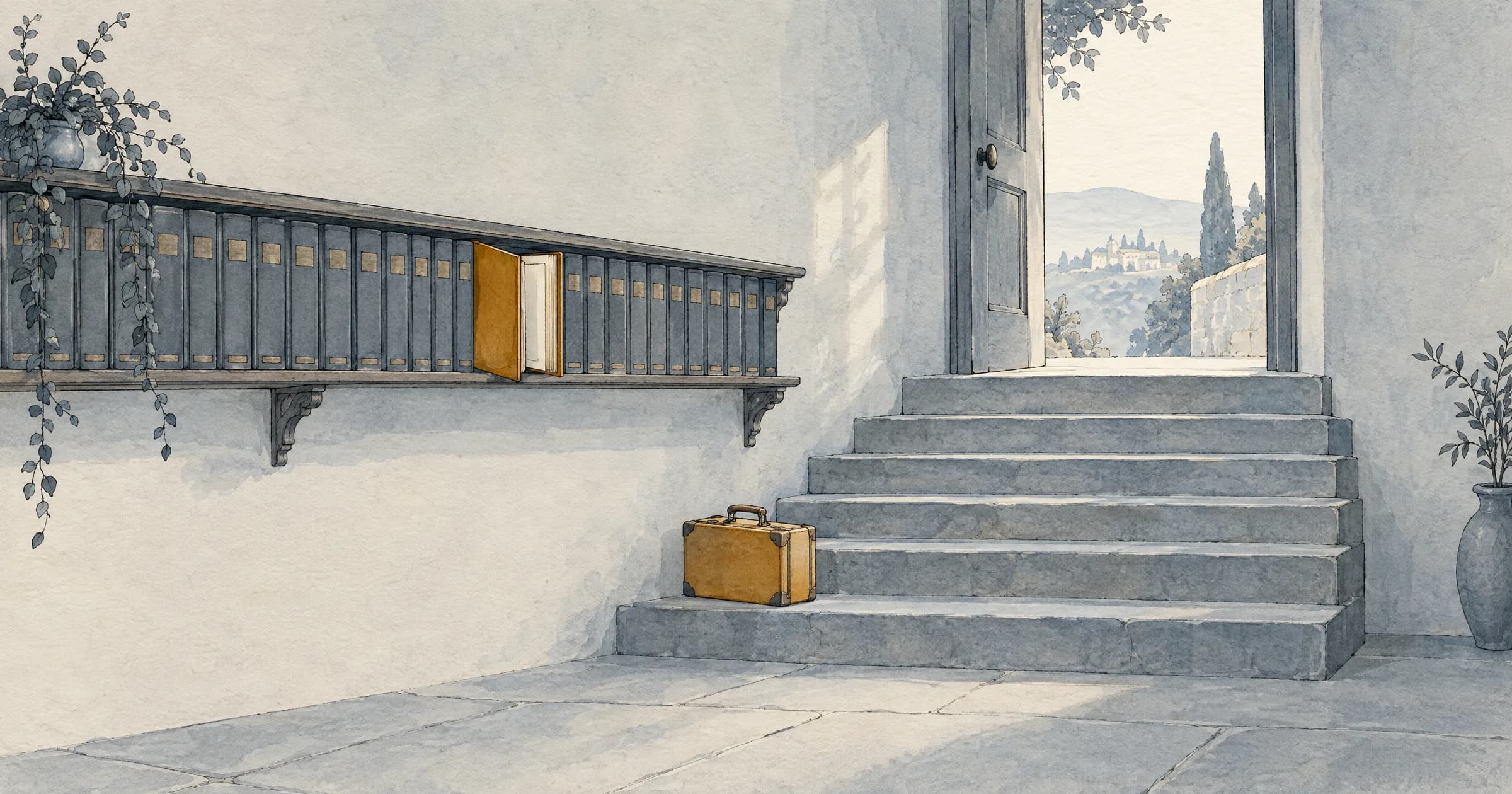 Illustration: a wide stone staircase of six low steps climbing to an open door, a small suitcase set down on the first step, and a long shelf of identical ledgers along the wall beside the stairs with one pulled out and open