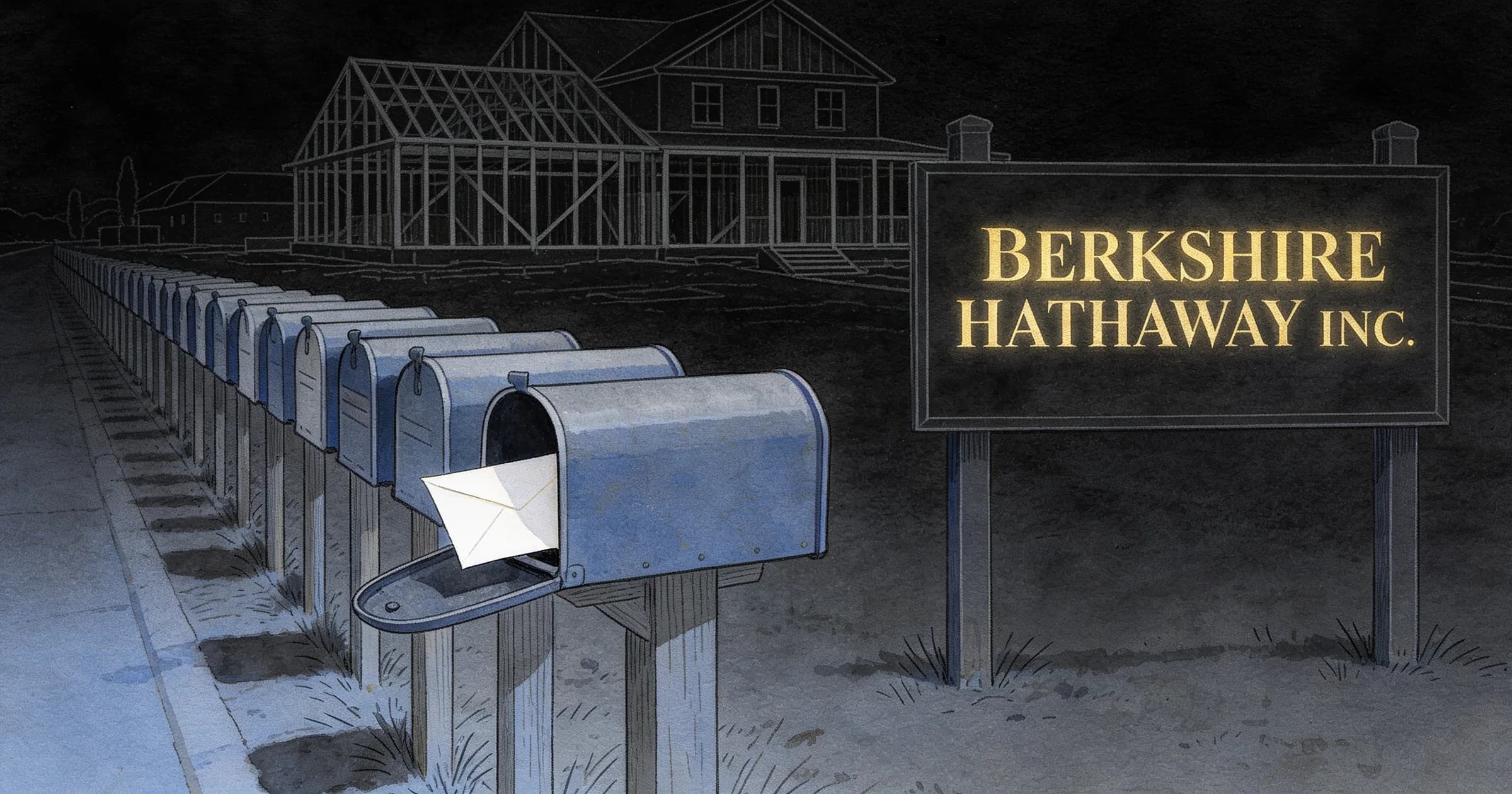 Illustration: a long row of mailboxes on posts at the edge of a building site, one mailbox open with a letter half out of it, a framed house rising behind, and the Berkshire Hathaway wordmark lettered on a site board