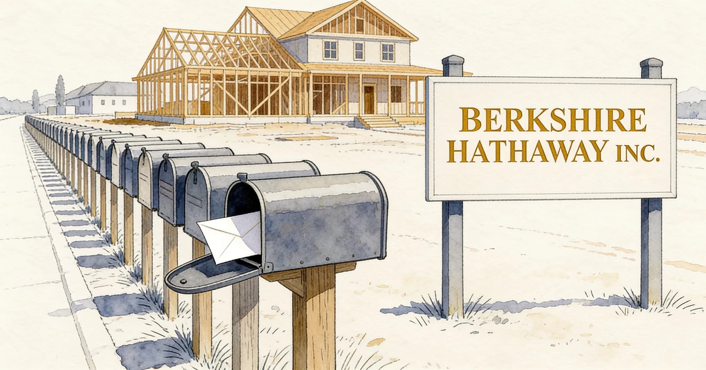 Illustration: a long row of mailboxes on posts at the edge of a building site, one mailbox open with a letter half out of it, a framed house rising behind, and the Berkshire Hathaway wordmark lettered on a site board