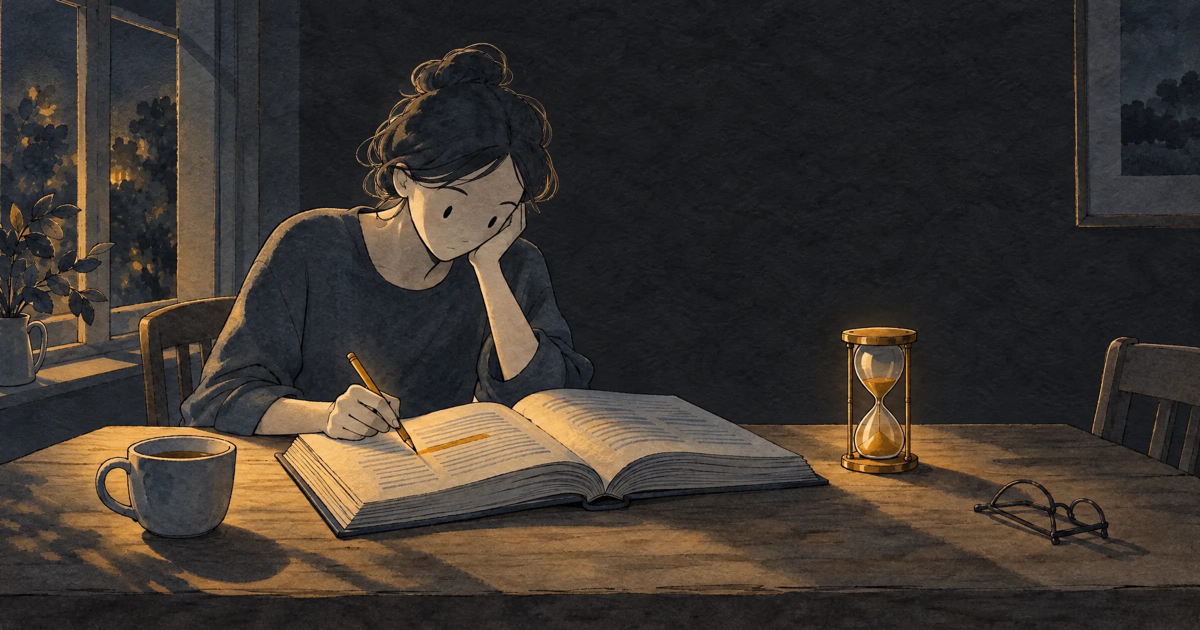 Illustration: a woman at a wooden kitchen table underlining a line in a thick open report with a golden pencil, a cup of coffee beside her and a brass hourglass running on the table