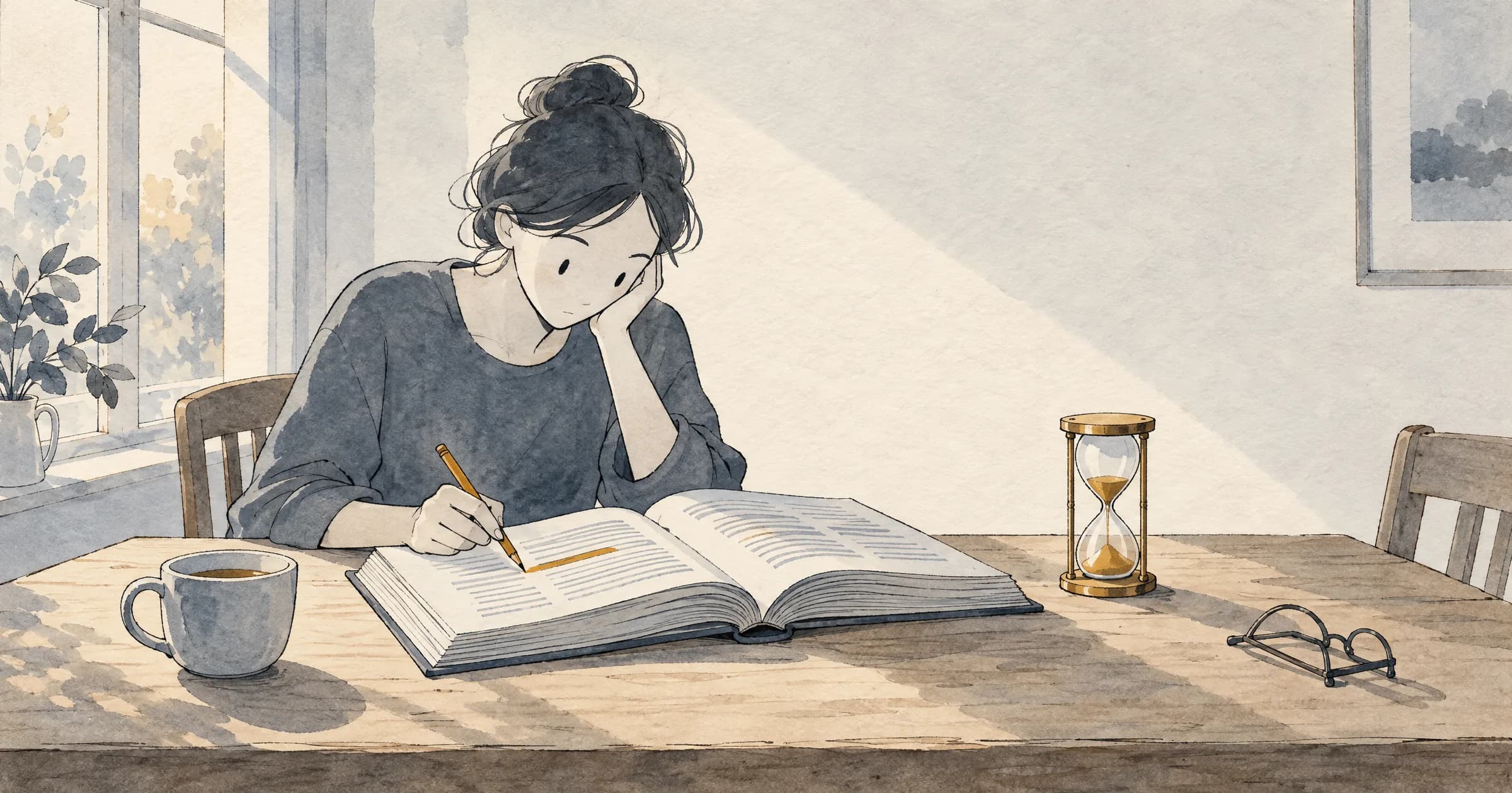 Illustration: a woman at a wooden kitchen table underlining a line in a thick open report with a golden pencil, a cup of coffee beside her and a brass hourglass running on the table