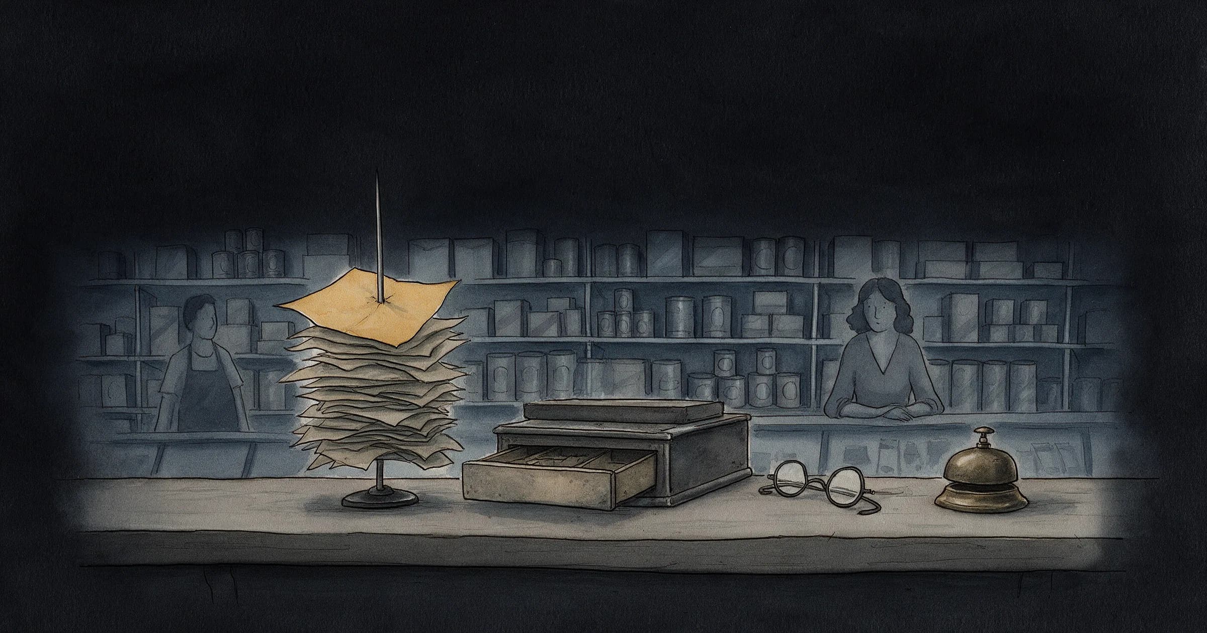 Illustration: a shop counter at closing time, a tall bill spike holding a thick stack of paper slips with the top slip in gold, beside it an old cash register with its drawer open and nearly empty, a pair of reading glasses and a brass desk bell, two shopkeepers behind among shelves of tins