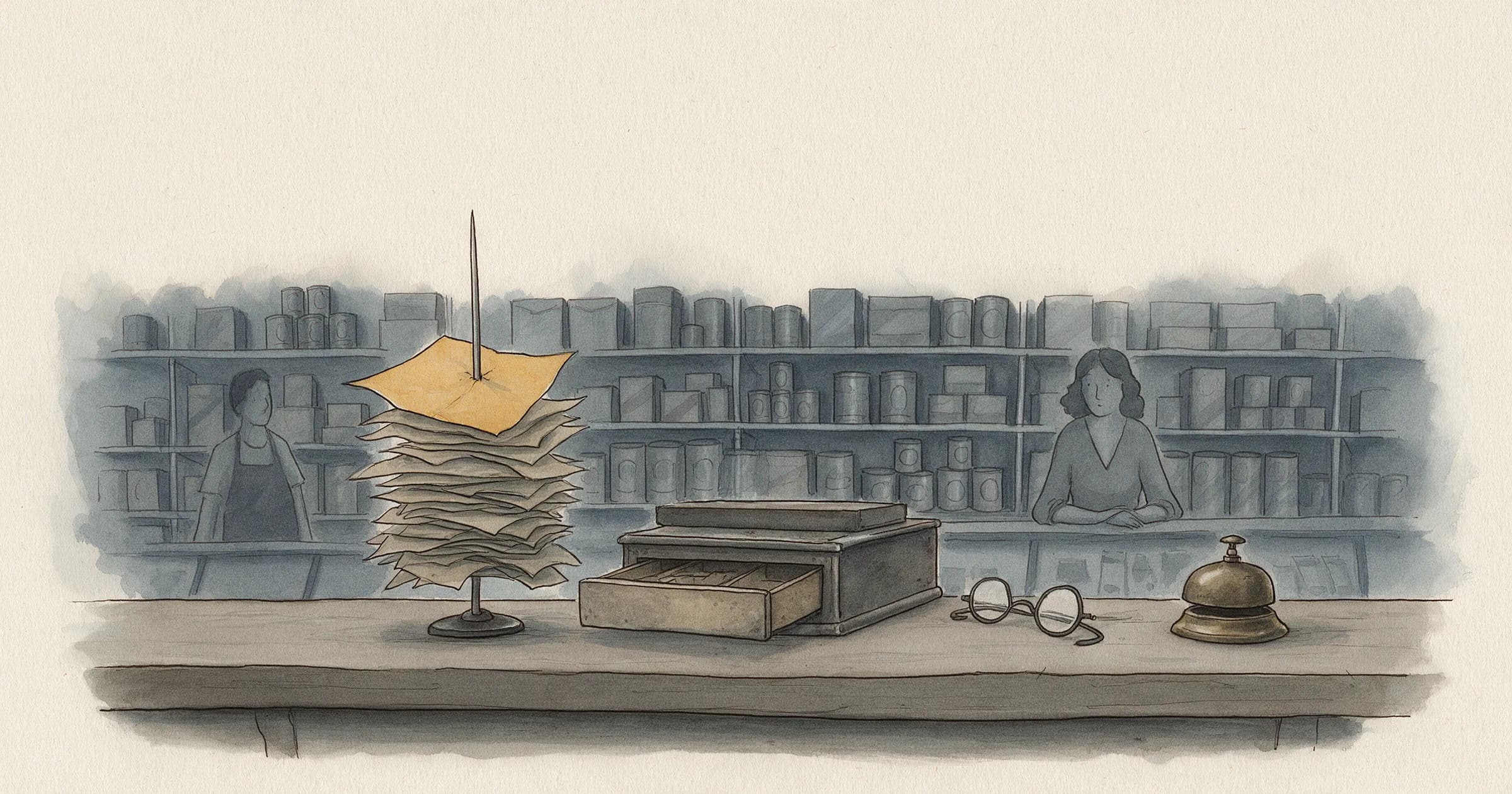 Illustration: a shop counter at closing time, a tall bill spike holding a thick stack of paper slips with the top slip in gold, beside it an old cash register with its drawer open and nearly empty, a pair of reading glasses and a brass desk bell, two shopkeepers behind among shelves of tins