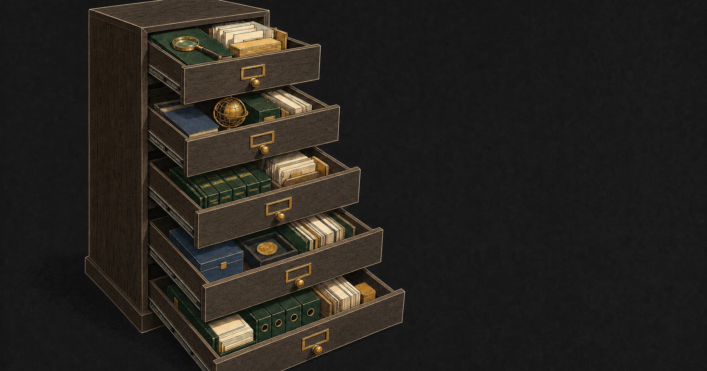 Illustration: a wooden filing cabinet with every drawer pulled fully open and evenly lit, including the lowest and most awkward one. Nothing is closed and nothing sits in shadow.