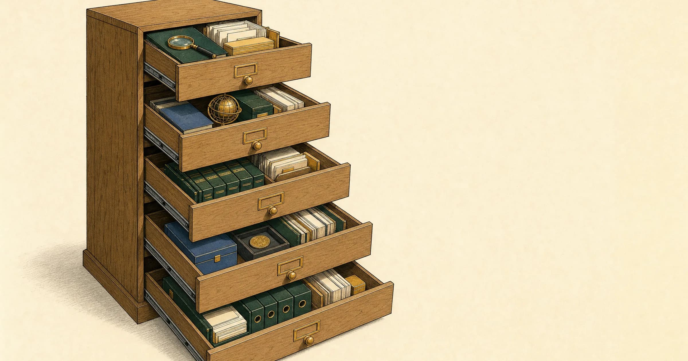 Illustration: a wooden filing cabinet with every drawer pulled fully open and evenly lit, including the lowest and most awkward one. Nothing is closed and nothing sits in shadow.