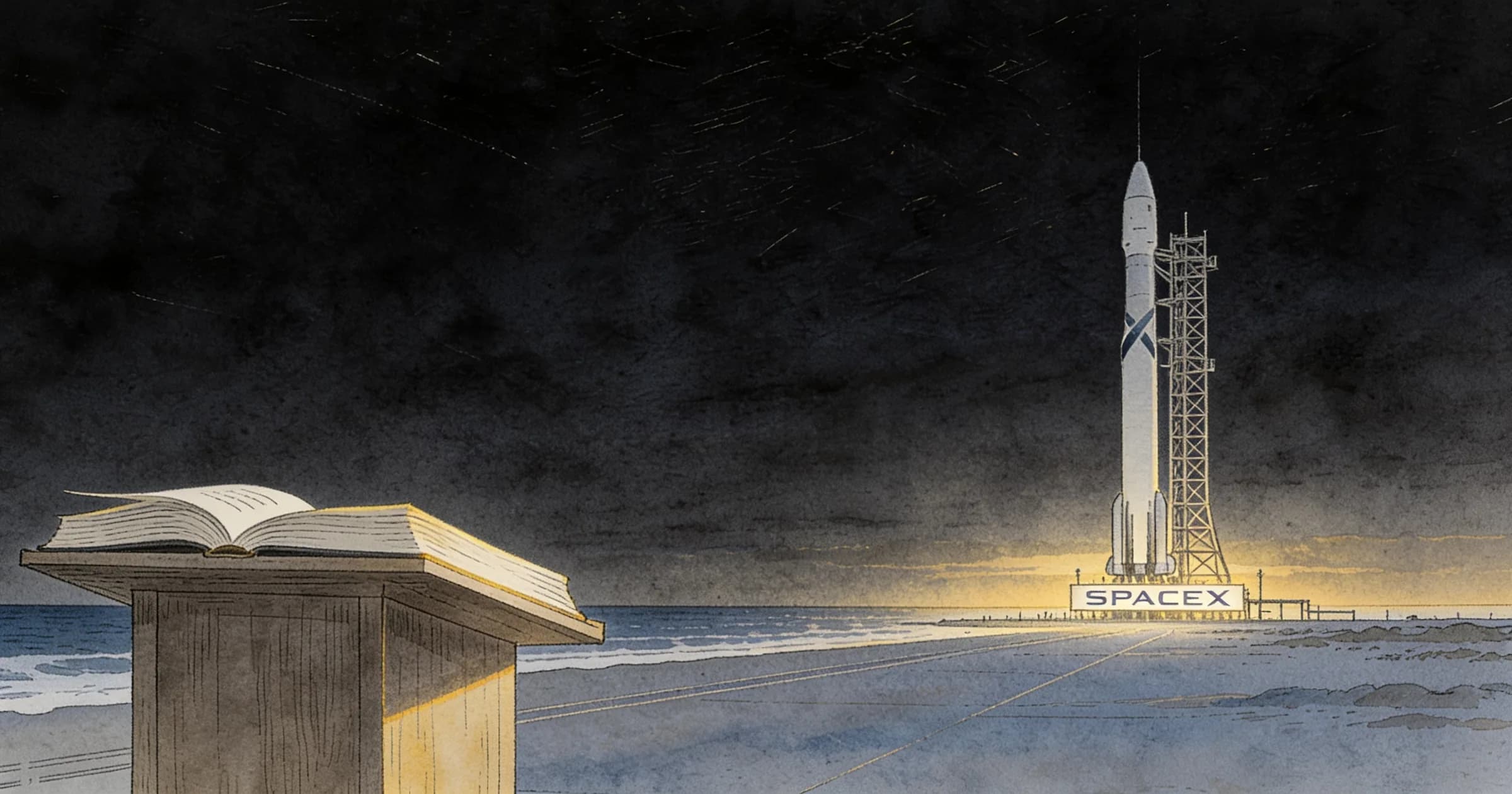 Illustration: a launch pad at dawn seen from a distance across flat scrub, a rocket standing on it, and in the foreground a wooden lectern with a thick bound prospectus open on it