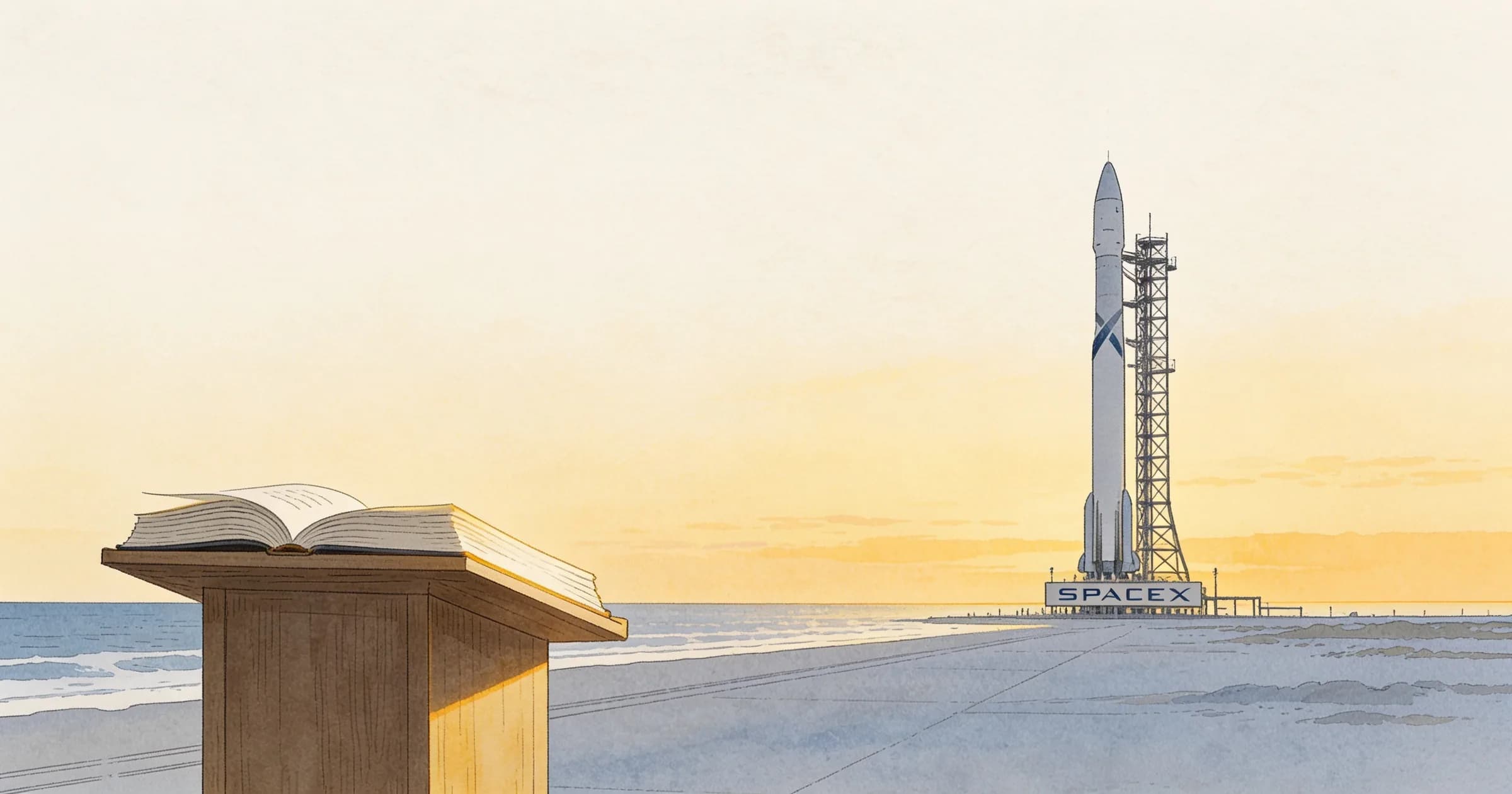 Illustration: a launch pad at dawn seen from a distance across flat scrub, a rocket standing on it, and in the foreground a wooden lectern with a thick bound prospectus open on it