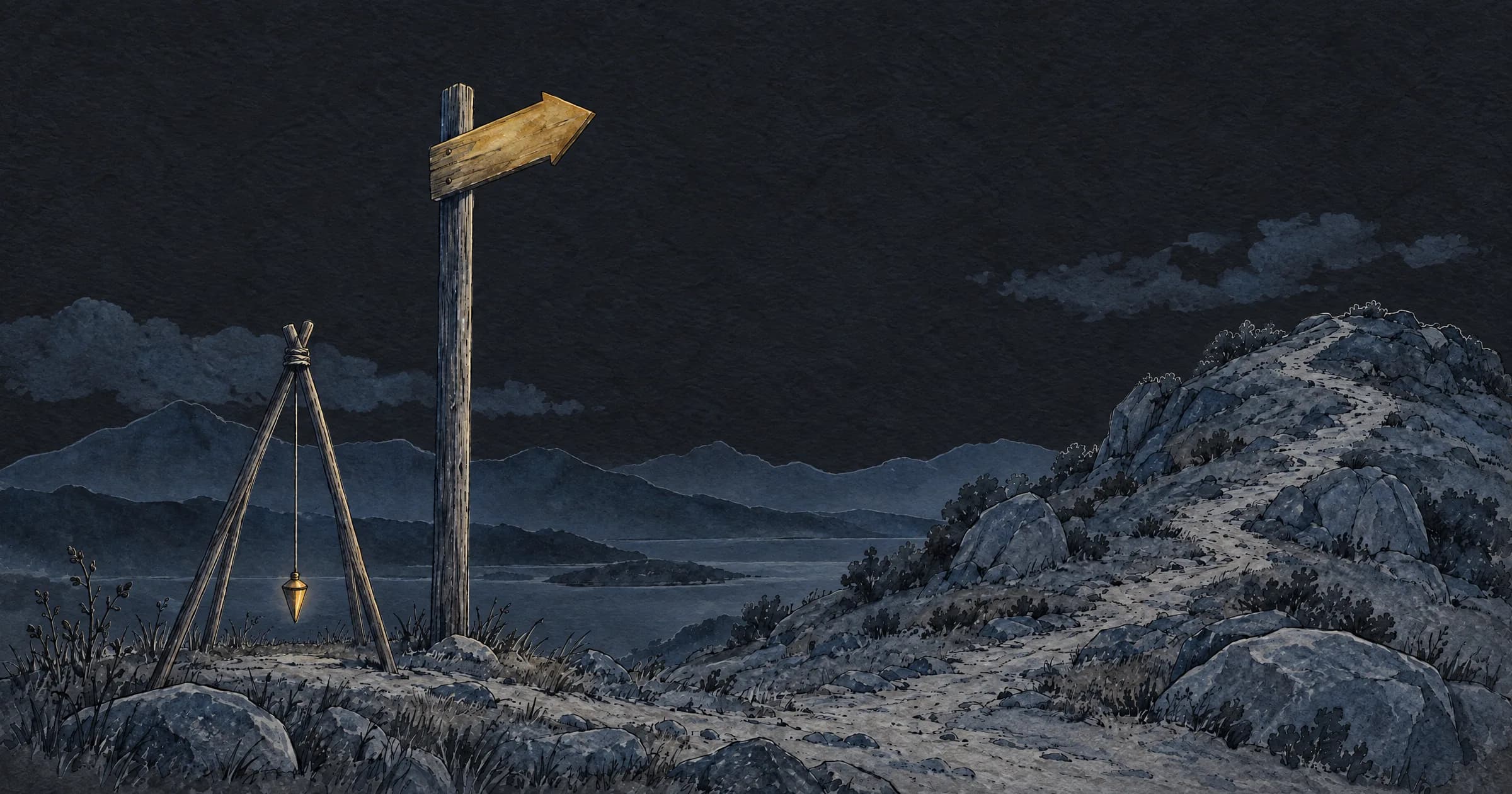 Illustration: a tall wooden signpost with a single arrow pointing up a hill, and beside it a plumb line hanging still from a small tripod, its weight resting just above the ground