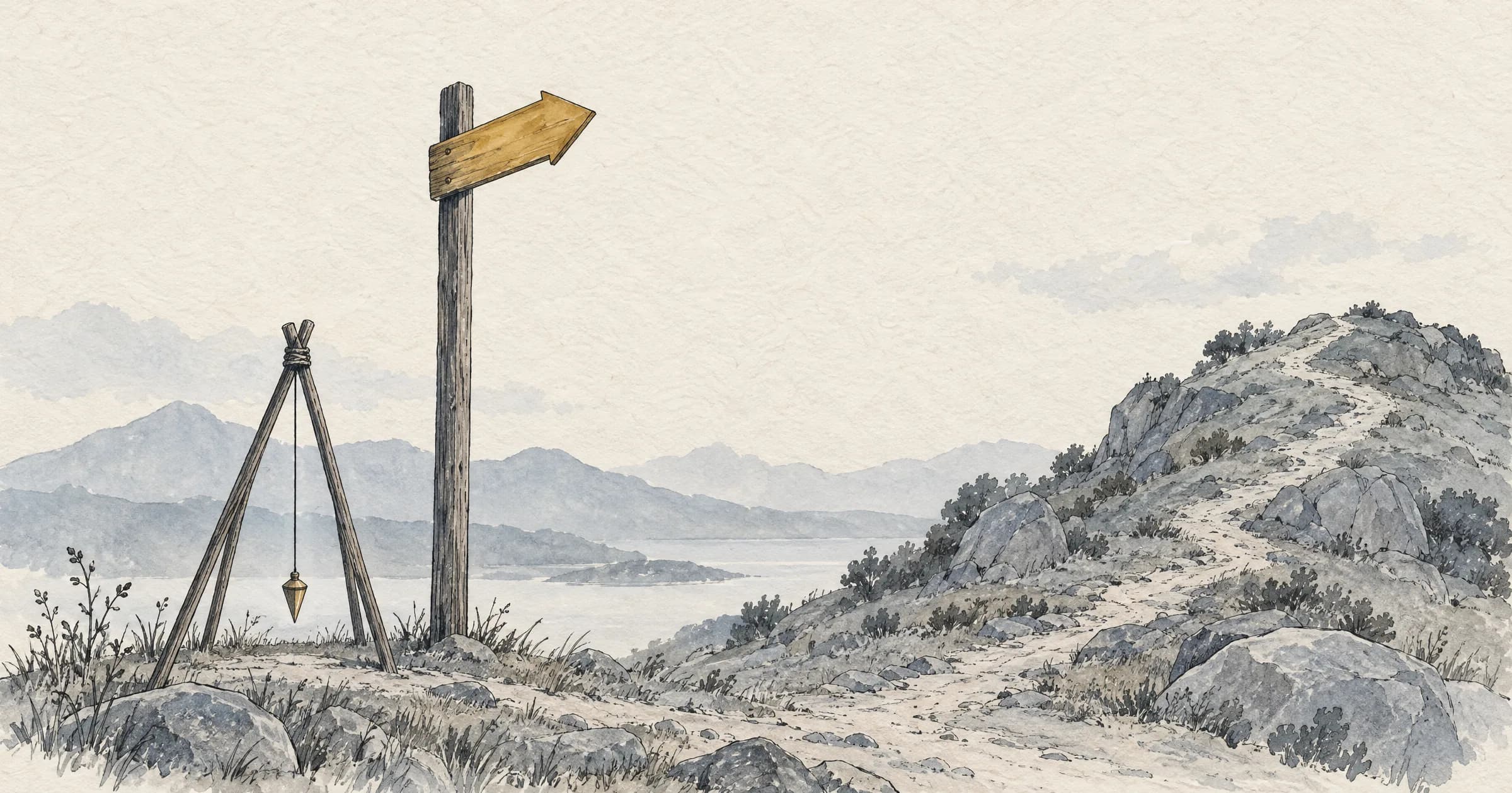 Illustration: a tall wooden signpost with a single arrow pointing up a hill, and beside it a plumb line hanging still from a small tripod, its weight resting just above the ground