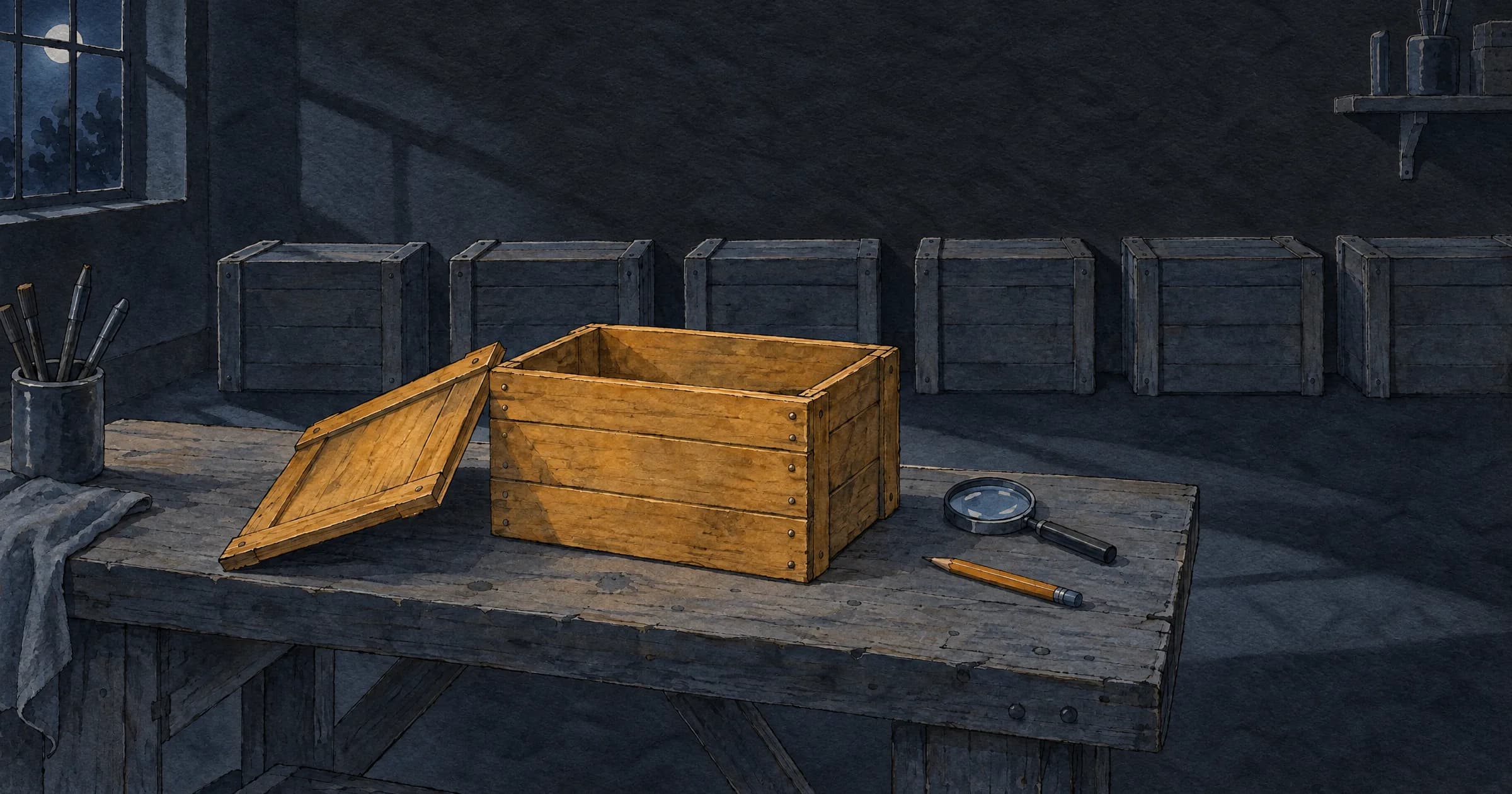 Illustration: a single wooden crate on a workbench, its lid off, with a magnifying glass and a pencil resting on it, and a row of identical sealed crates lined up along the wall behind it