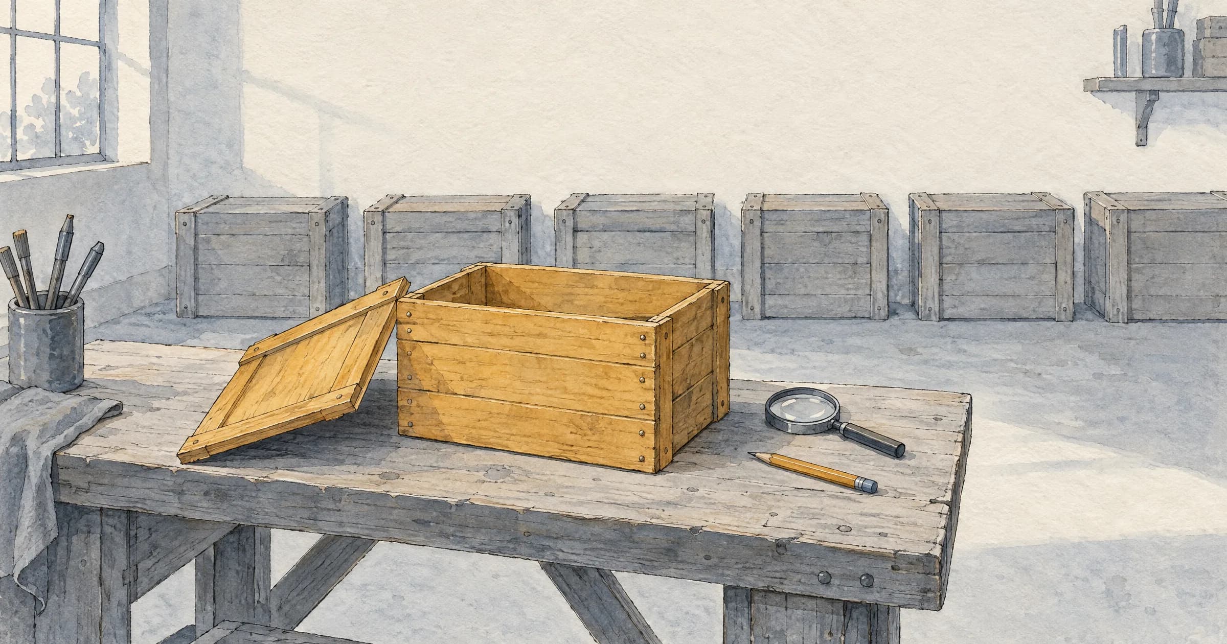 Illustration: a single wooden crate on a workbench, its lid off, with a magnifying glass and a pencil resting on it, and a row of identical sealed crates lined up along the wall behind it