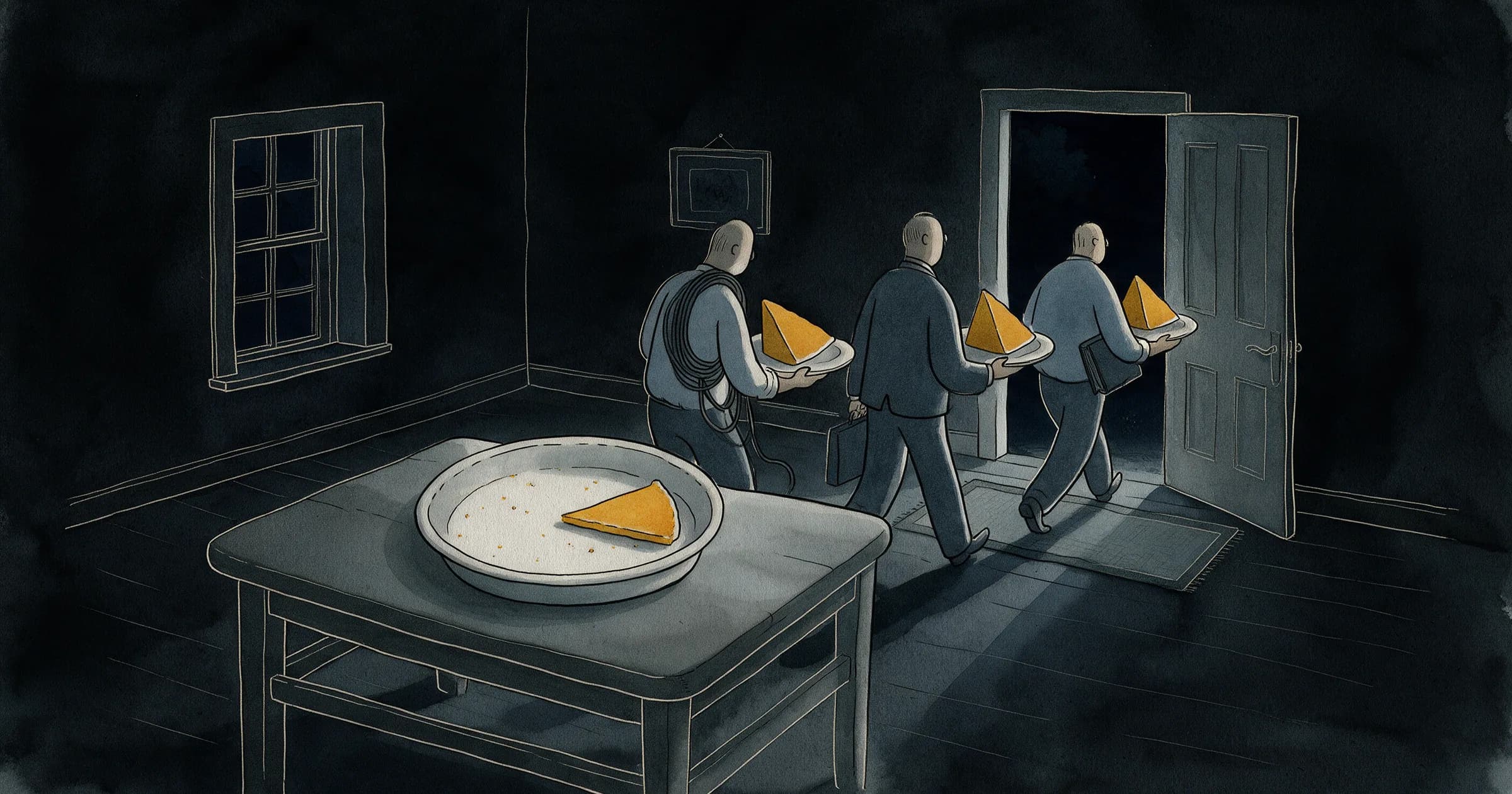 Illustration: a table with an almost empty pie dish holding one narrow golden slice, while three men walk out through the door, each carrying a big golden slice on a plate: a cable technician with a coil of cable, a banker with a briefcase and a clerk with a ledger