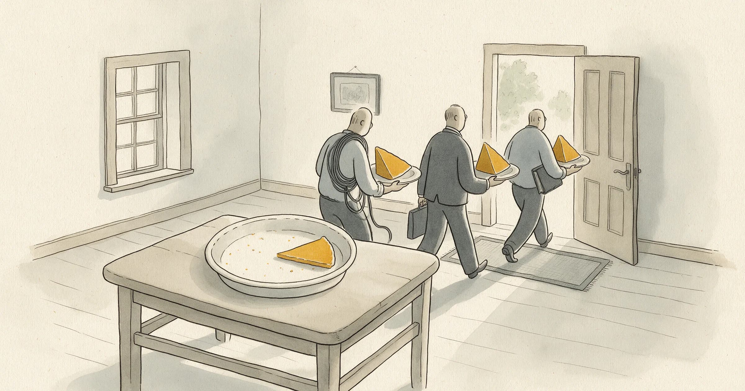 Illustration: a table with an almost empty pie dish holding one narrow golden slice, while three men walk out through the door, each carrying a big golden slice on a plate: a cable technician with a coil of cable, a banker with a briefcase and a clerk with a ledger