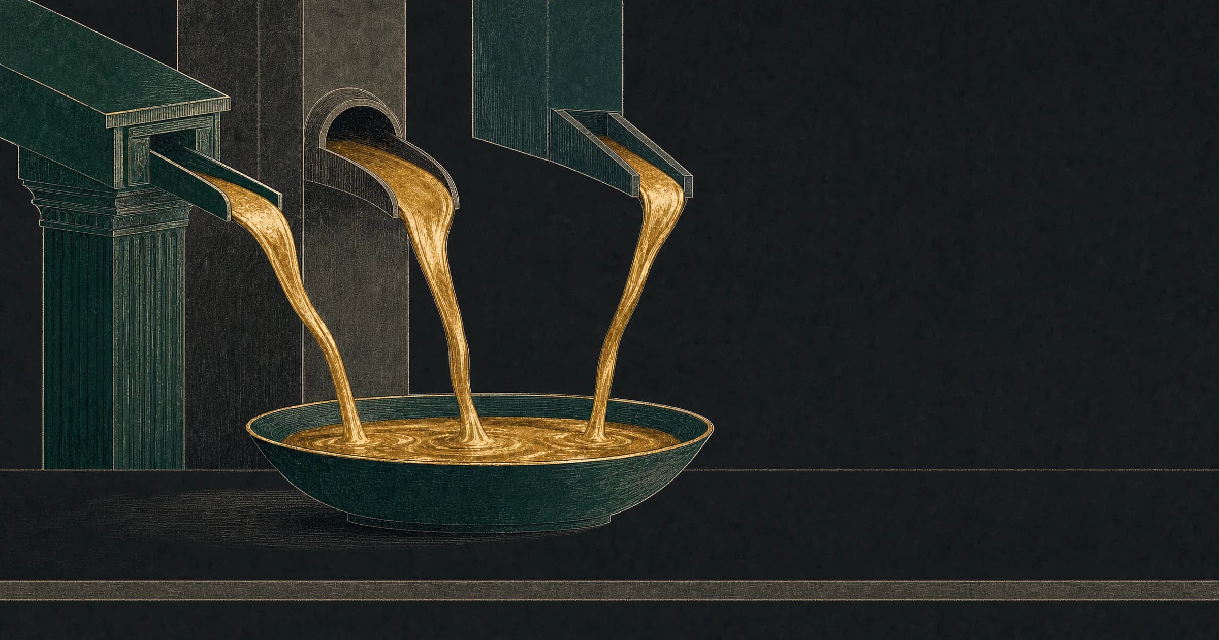 Illustration: three streams of molten gold pour from three separate spouts into one shallow basin. There is no fourth spout, and the empty space where one would be is visible.