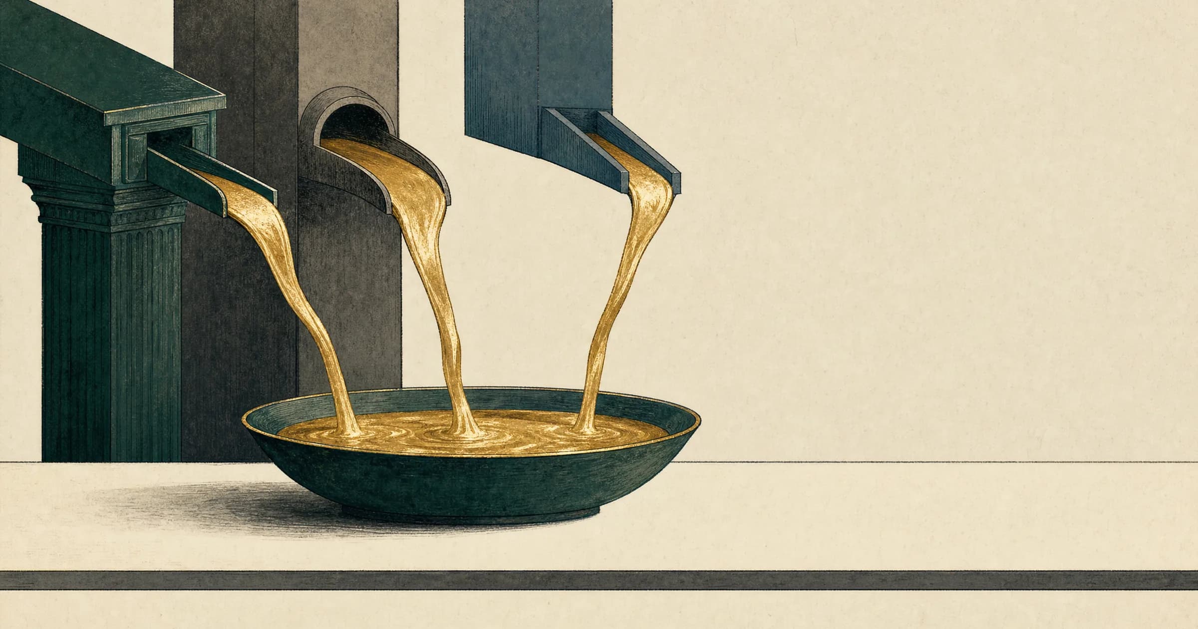 Illustration: three streams of molten gold pour from three separate spouts into one shallow basin. There is no fourth spout, and the empty space where one would be is visible.