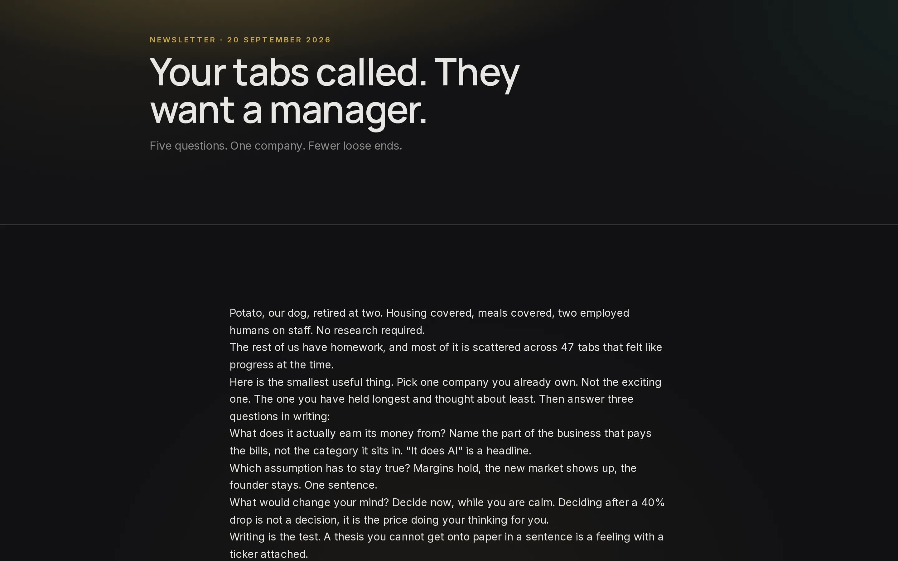 A newsletter issue as it reads on the site: the 20 September 2026 issue, Your tabs called, they want a manager, with its first paragraphs.