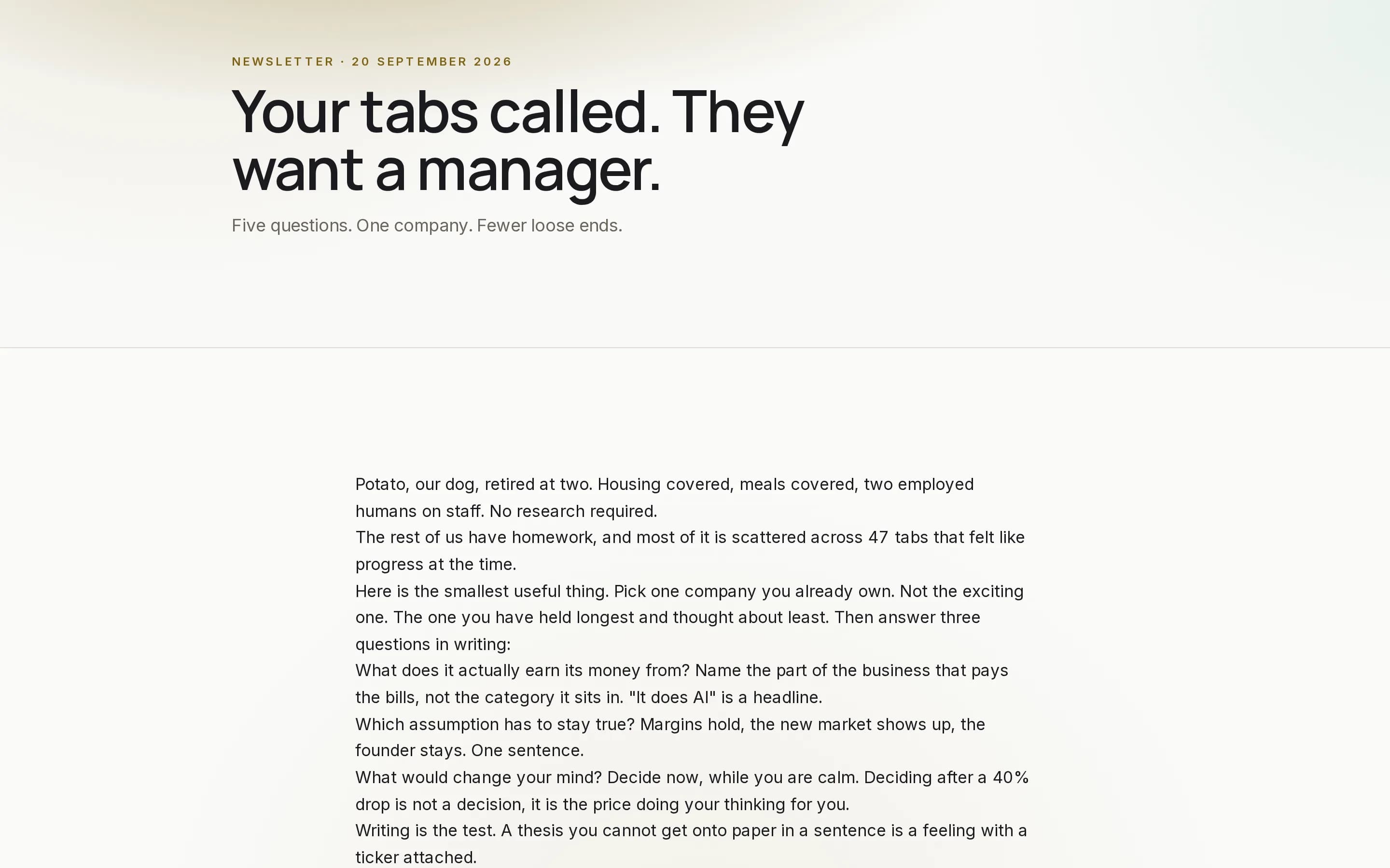 A newsletter issue as it reads on the site: the 20 September 2026 issue, Your tabs called, they want a manager, with its first paragraphs.