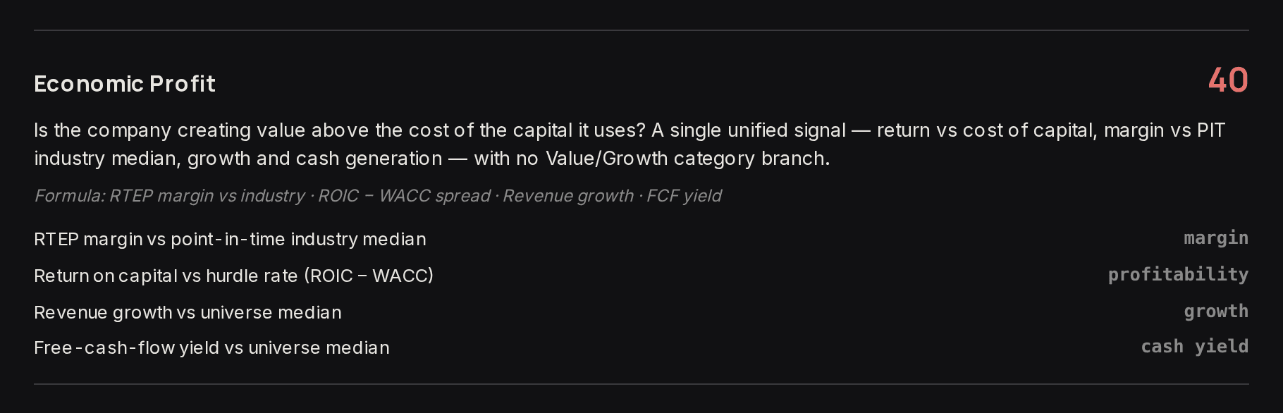 Economic Profit pillar, reading 40: RTEP margin against the industry median, return on capital against the hurdle rate, revenue growth and free-cash-flow yield against the universe median.