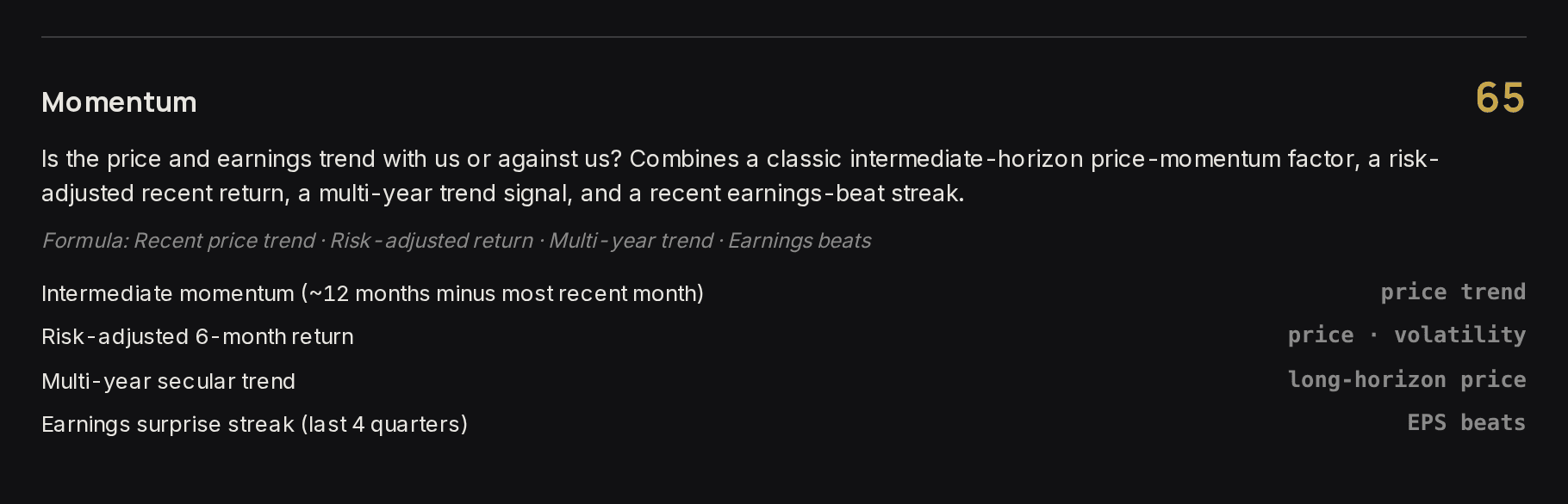 Momentum pillar, reading 65: intermediate momentum, risk-adjusted six-month return, multi-year trend and the earnings-surprise streak.